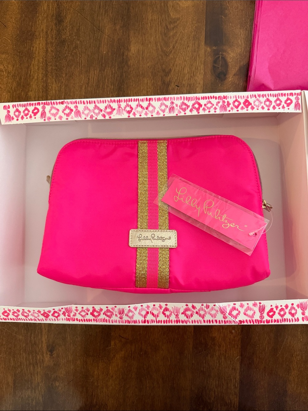 Lilly Pulitzer Neon Pink Cosmetic Pouch with Gold Center Stripe